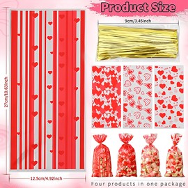 50PCS Valentine's Day Cellophane Treat Bags Red Heart Stripe Candy Plastic Goodie Snacks Cookies Candy Bags Valentines Cookie Snack Packing Decor with Twist Ties for Valentine Birthday Party Favor,