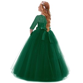 IBTOM CASTLE Girls Embroidery Tulle Lace Bridesmaid Dress Long A Line Wedding Pageant Dresses Birthday Party Formal Dance Evening Gown Dark Green 7-8 Years