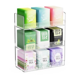 Laumffon Acrylic Tea Bag Organizer, 3 Layers Tea Bag Holder for Tea Packets, No Assembly Required, Wall Mount Display Tea Caddy for Countertop or Cabinet, 9 Slots, Clear