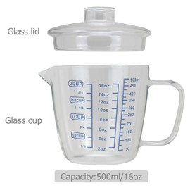 EIKS Glass Measuring Cup with Lid, Easy Grip Handle and V-Shaped Spout, Three Measurement Scale(OZ, Cup, ML), Coffee Milk Frothing Pitcher Latte Maker in Kitchen Restaurant (500ML)