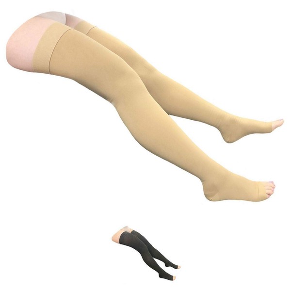 HealthyNees Thigh Open Toe 20-30 mmHg Compression Knee High Wide Calf Leg Socks (Beige, Large)