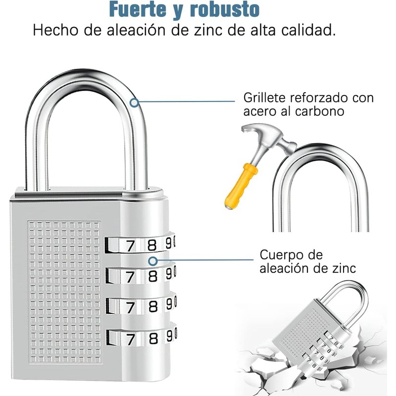 Candado de combinación 4 dígitos, 2 piezas negro y plata