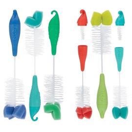 Nuby Bottle and Nipple Brush with Bristles and Sponge Tip | 3 Pack: Aqua, Blue, Lime or Aqua, Coral, Lime | Hanging Handle with Hook for Drying