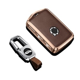 SANRILY Full Protection Key Fob Cover for Volvo XC90 XC60 S90 V90 2017 2018 Keyless Premium Metal and Leather Car Key Fob Shell Case with Keychain Brown, Brown, for Volvo