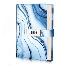 Diary with Lock for Girls Women,Journal Secret Diary with Combination Lock,PU Leather Password Notebook A5 Refillable Notebook Writing Travel Journal Gift 192 Pages(blue-white)
