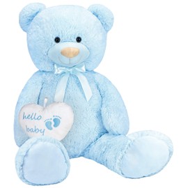 BRUBAKER XXL Teddy Bear 40 Inches with Hello Baby Heart for Newborn Boys - Plush Toy - Light Blue