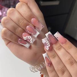 Jremg Flower Press on Nails Medium Square Fake Nails with Pink Rhinestone Designs Cute 3D White Floral Charms Glue on Nails Glossy White French Tip Coffin False Nails for Women Girls Nail Decor 24Pcs