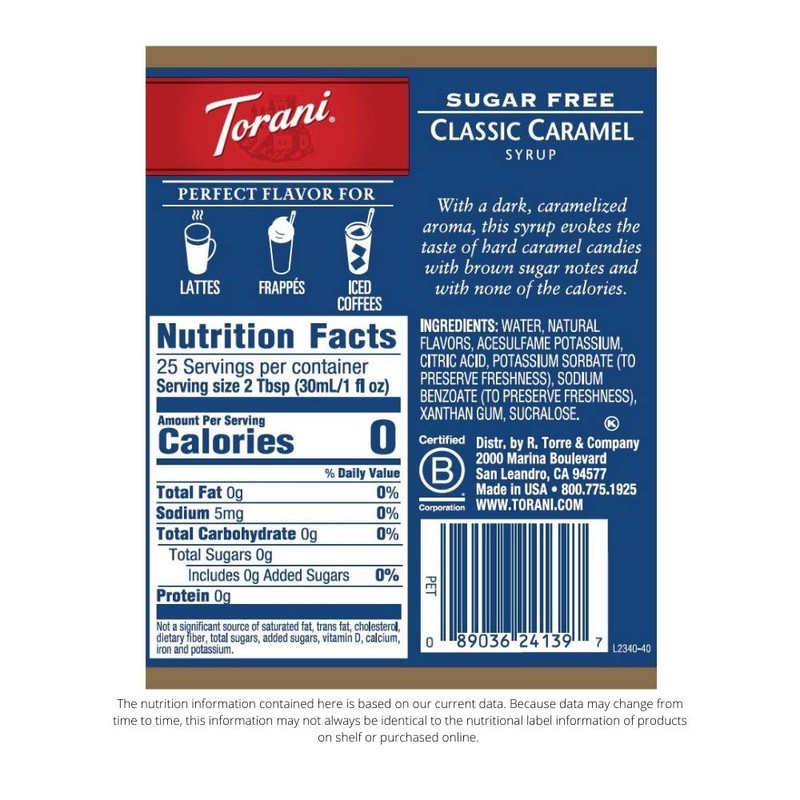 Torani Sugar Free Syrup, Classic Caramel, 25.4 Oz, Pack of