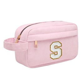 Initial Makeup Bag, Corduroy Cosmetic Bag, Travel Toiletry Bag with Metal Zip, Portable Makeup Bag for Women, Organiser, Christmas Birthday Gifts for Women, Girls, Pink, s