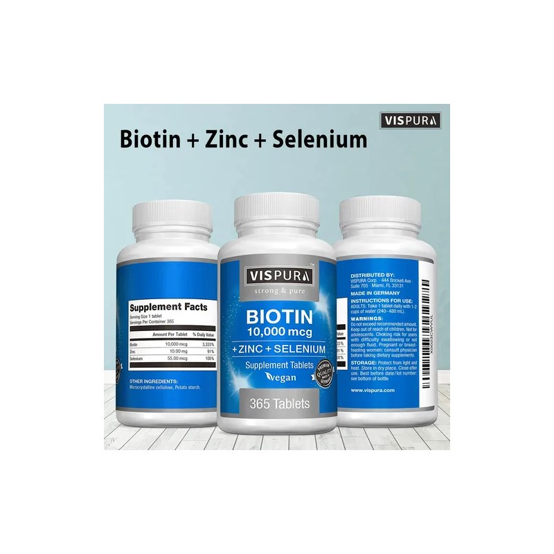 Vispura Biotina 10000 Mcg Zinc Selenio, Vegano, 365 Tabletas Na