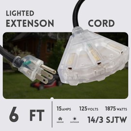 EP 6 Ft Lighted Outdoor Extension Cord with 3 Electrical Power Outlets - 14/3 SJTW Heavy Duty Black Extension Cable with 3 Prong Grounded Plug - Power Cord for Lawn, Garden, Appliances