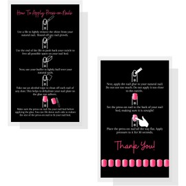 Press-On Nail Application Instructions Cards | 50 Pack | 2x3.5" inch Business Card Size | DIY Press-On Nail Kit | Black and Pink Design