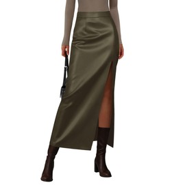 PRETTYGARDEN Womens Faux Leather Skirts 2025 Fall Fashion Bodycon High Waisted Slit Work Office Winter Maxi Long Pencil Skirt (Dark Army Green,XX-Large)
