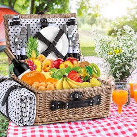 HYBDAMAI Picnic Basket for 4 Persons with Waterproof Picnic Blanket and Insulated Cooler, Large Wicker Picnic Basket for Camping, Outdoors, Valentine's Day, Christmas, Birthday, Wedding Gift
