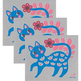 Trendy Tripper Reusable Swedish Dishcloths/Sponge Cloth MID-Century Modern Artist Series by Helen Dardik (Blue Cat on Grey 3 Count)