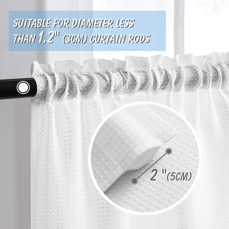 Home Queen White Waffle Bathroom Window Curtains, Water Repellent Rod