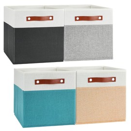 IBEQUEM 4Pack Fabric Cube Storage Bins, 12x12 Cube Canvas Storage Bins, Collapsible Storage Baskets with Leather Handles, Decorative Storage Boxes fo Organizing, Closet, Clothes, Shelves, Office