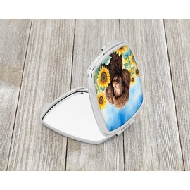Caroline's Treasures Chocolate Poodle in Sunflowers Compact Mirror Decorative Travel Makeup Mirror for Women Girls Gifts Pocket Makeup Mirror Folding Handheld