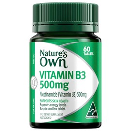 Nature's Own Vitamin B3 500mg Tablets 60 - Vitamin B Supports Energy Levels & Relieves tiredness in healthy individuals - Aids Metabolism of Carbohydrates & Dietary Fats - Supports Skin Health