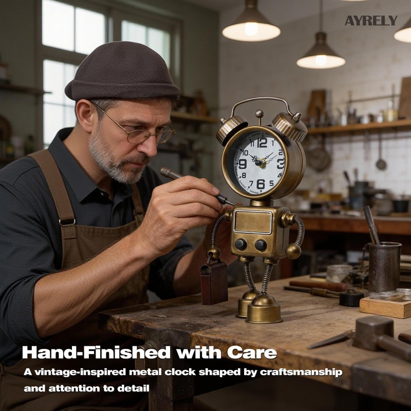 AYRELY® Industrial Steampunk Robot Table Clock,Battery Operated Metal Desk&Shelf Clock,Retro