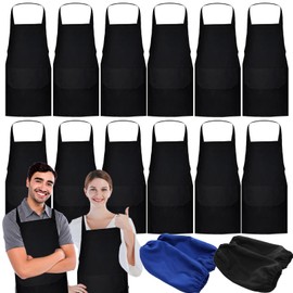 smilixin 12 Pack Bib Apron,Black Aprons with 2 Pockets,Unisex Black Plain Aprons with Long Ties,Kitchen Cooking Aprons for Women Men Chef,Painting BBQ Grilling Baking Restaurant,Machine Washable