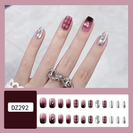 Press on Nails Short Square Shape 24Pcs Acrylic Dark Red False Nails with Heart Rhinestone Designs Glossy Full Cover Reusable Artificial Short Coffin Fake Nails Sets with Glue for Women Girls
