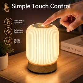 Cordless Touch Desk Lamp for Bedroom and Office – Rechargeable LED Night Light with Wood Grain Base for Bedside and Study Spaces