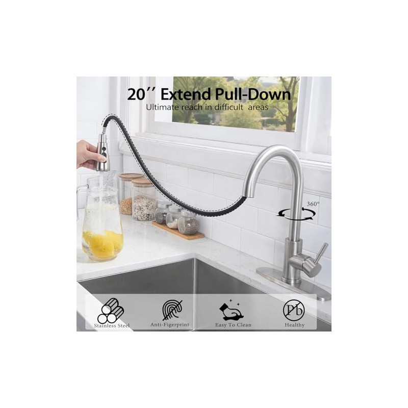 HOTIS Kitchen Faucet with Pull Down Sprayer, Brushed Nickel Stainless