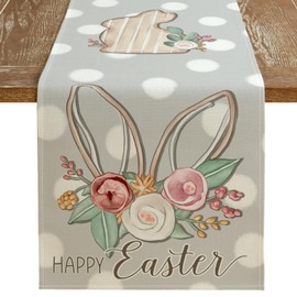 ARKENY Happy Easter Table Runner 13x108 Inches, Bunny Rabbit Ears Floral Spring Holiday Farmhouse Grey Burlap Indoor Table Decorations for Home AT563-108