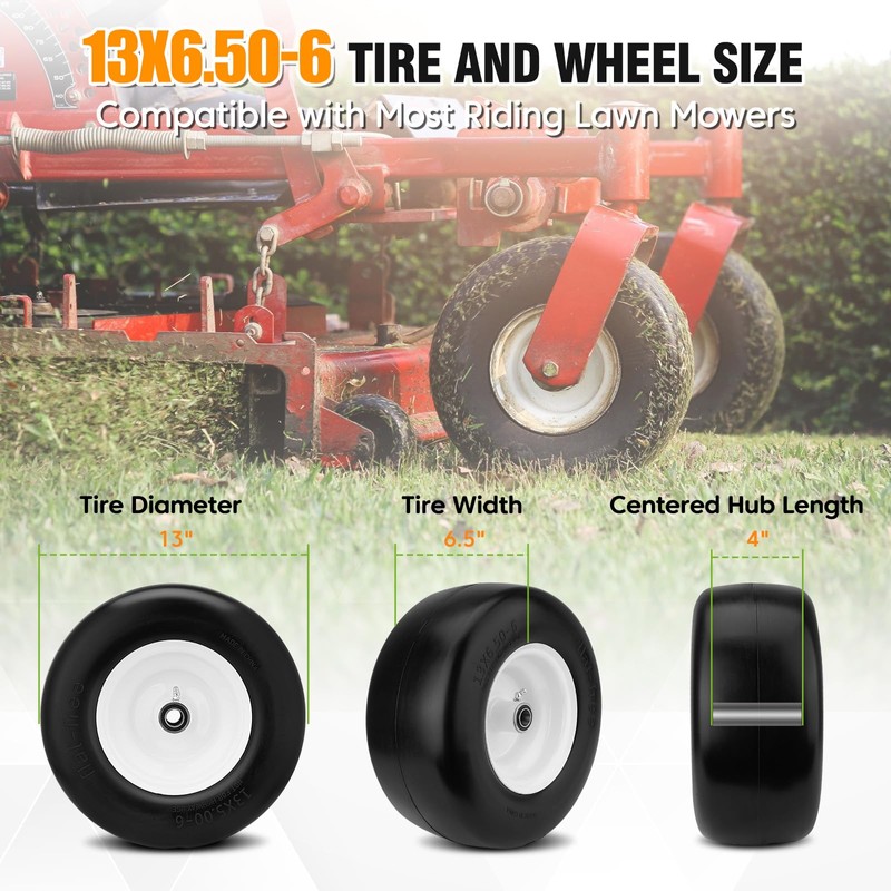 2PCS 13x6.50-6 Flat Free Tire and Wheel with 1/2" &