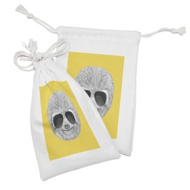 Ambesonne Sloth Fabric Pouch Set of 2, Hipster Jungle Animal with Sunglasses Smiling Funny Expression Cool Character Print, Small Drawstring Bag for Toiletries Masks and Favors, 9" x 6", Yellow Grey