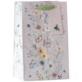 Design By Violet Wild Meadow Beautiful Floral Paper Gift Bag With Bee Gift Tag Pink Spring Birthday Mother's Day Easter Valentines Small