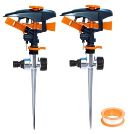 Pack of 2 Circular Sprinklers, dellyy Sector Sprinkler, Lawn Sprinkler Impulse Sprinkler, Lawn Sprinkler with Ground Spike, 3/4 Inch, Range up to 200 m², Garden Sprinkler for Watering Garden Lawn