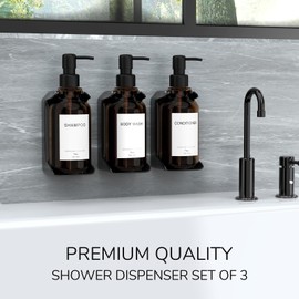 Modern Shampoo and Conditioner Dispenser - Shower Soap Dispenser Wall Mounted - 16 oz Set of 3 Plastic Amber Bottles with Black Pumps - Stylish Shampoo Dispenser, Shower Dispenser 3 Chamber No Drill