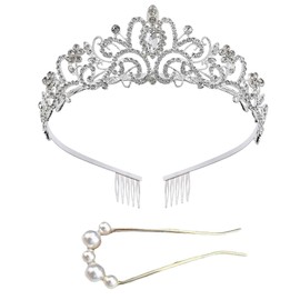 FISH DRAGATE Crystal crown, women's crown, girls' tiara, birthday crown adults, wear pearl hairpin, crown birthday suitable for prom (silver), metal, Non-Precious Metal, No Gemstone
