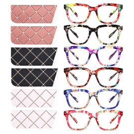 CHOFILORD 6 Pack Fashion Reading Glasses for Women Men Blue Light Blocking Oversized Square Readers with Spring Hinge (6 Pack Colorful C, 4.00, x)