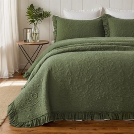 Brandream Quilt Set Full Size Cotton Olive Green Floral and Vine Stitching Quilt Set Matelasse Bedding Ruffled Bedspread 3-Piece