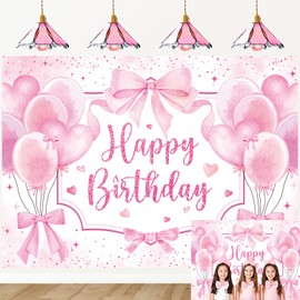 Pink Bow Happy Birthday Backdrop Pink Bow Birthday Coquette Photography Background for Girls Women Coquette Bachelorette Party Decorations Backdrop (7X5FT(82 x 59 inch))