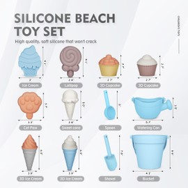 MarcZero 17Pcs Silicone Beach Toys,Modern Baby Beach Toys,Travel Friendly Beach Set,Silicone Bucket, Watering Can, Shovel, 12 Sand Molds, Beach Bag,Silicone Sand Toys for Toddlers, Kids (Light Blue)