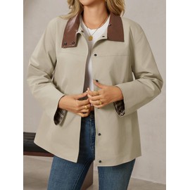 Tankaneo Womens Trench Coat Oversized Fall Barn Jacket Leather Collar Plaid Color Block Windproof Overcoat