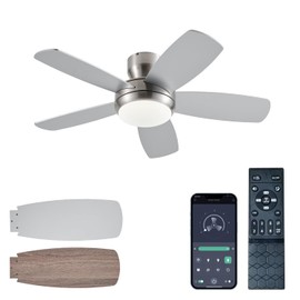 KNUN 42 Inch Ceiling Fan with Light and Remote/App Control, Low Profile Ceiling Fans with Lights,Flush Mount, Double-Sided Blades, 3CCT, Dimmable, Noiseless, Nickel Ceiling Fan for Indoor/Outdoor Use