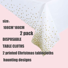 2Pcs 137*274cm White and Gold Disposable TableCloth Table Covers,Party Dot Confetti Rectangular Tablecover Plastic Tablecloths for Picnic,Baby Shower,Wedding,Christmas,Birthday Parties Decorations