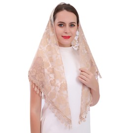 Cilkus Lace veil Mantilla veil Shawl or Scarf Latin Mass Head Cover with Fringed lace (Champagne)
