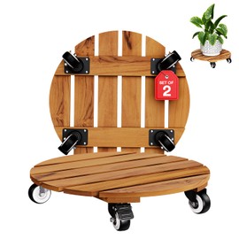 Idzo 2-Pack 14 Inch Acacia Wood Rolling Round Plant Caddy, Plant Caster for Heavy Duty Plant Stand with 360° Lockable Wheels, 264 lbs Capacity Caddy for Indoor and Outdoor Use, Natural Wood