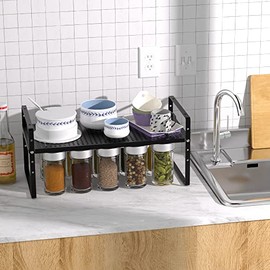 IPEGTOP Extendable Metal Cupboard Shelf, Stackable Kitchen Organiser, Height Adjustable Spice Rack, Heavy Duty for Cabinet, Worktop, Pantry, Bathroom & Garage, Black