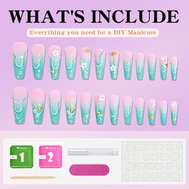 Long Press on Nails French Tip Long Fake Nails Coffin Press on Nails Square False Nails with Camellia&Butterfly Charm Designs Long Nails Press on Artificial Nails Stick on Nails For Women Girls 24Pcs