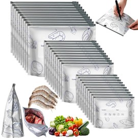 3 Size Reusable Aluminum Foil Food Storage Bags with Zipper Closure, 30 Pack Clear, Stand Up Foil Sealable Bags with Label and Zip Lock for Vegetable Fruit Meat Freezer Safe, Washable