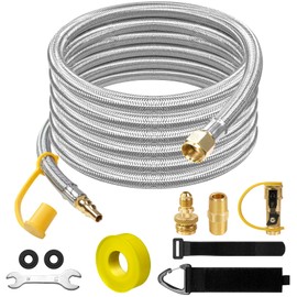 12FT Quick Connect Propane Hose for RV to Gas Grill - Stainless Braided With 1/4" Safety Shutoff Valve, Low Pressure, 1LB Throwaway Bottle Adapter