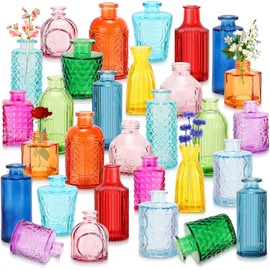 Yaomiao 30 Pcs Vases Bulk Colored Flower Glass Bud Vases Valentine Vintage Colored Glass Bottles Colorful Rustic Embossed for Home Wedding Table Decorations Gifts(Bright Color)