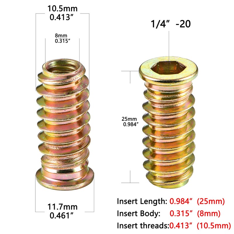 200 Pcs 1/4 "- 20 Threaded Insert, Hex Socket Drive